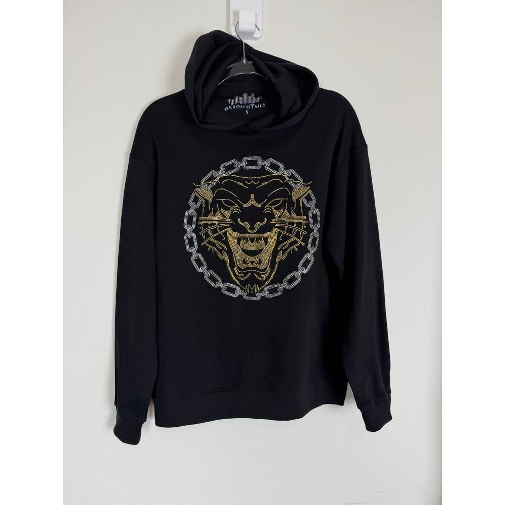 Heads Or Tails Crystal Slinky Hoodie Sz Small Black Gold Silver Tiger NEW